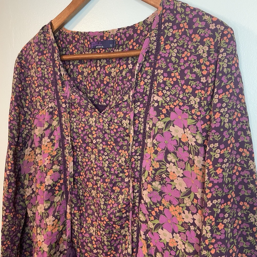 Prana Women's Faith Top Shirt Purple Floral Print Long Sleeve Blouse Size M - Picture 3 of 6